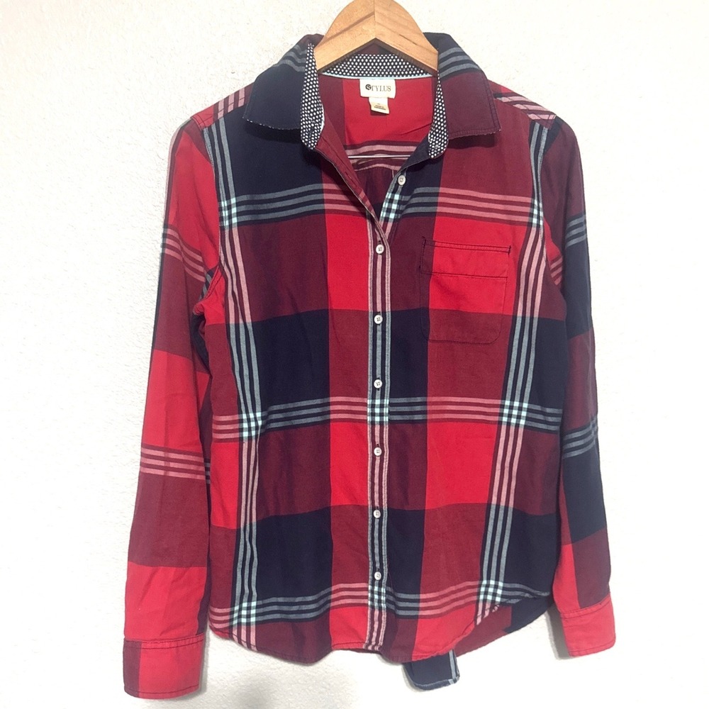 STYLUS Womens Plaid Long‎ Sleeve Button Up Shirt Red Navy Blue Size M